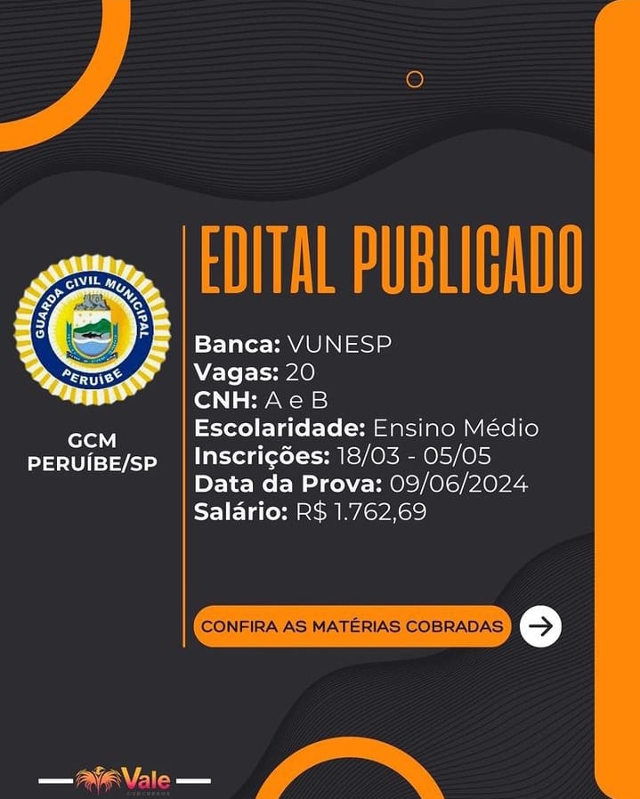 GCM PERUÍBE/SP: EDITAL PUBLICADO