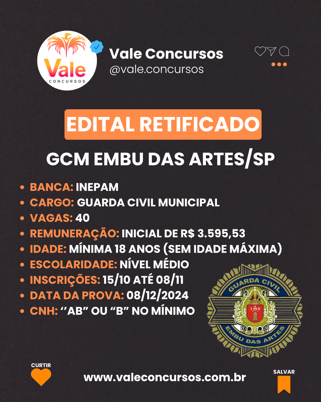 CONCURSO GCM EMBU DAS ARTES: EDITAL RETIFICADO E NOVA DATA DA PROVA MARCADA PARA 08 DE DEZEMBRO