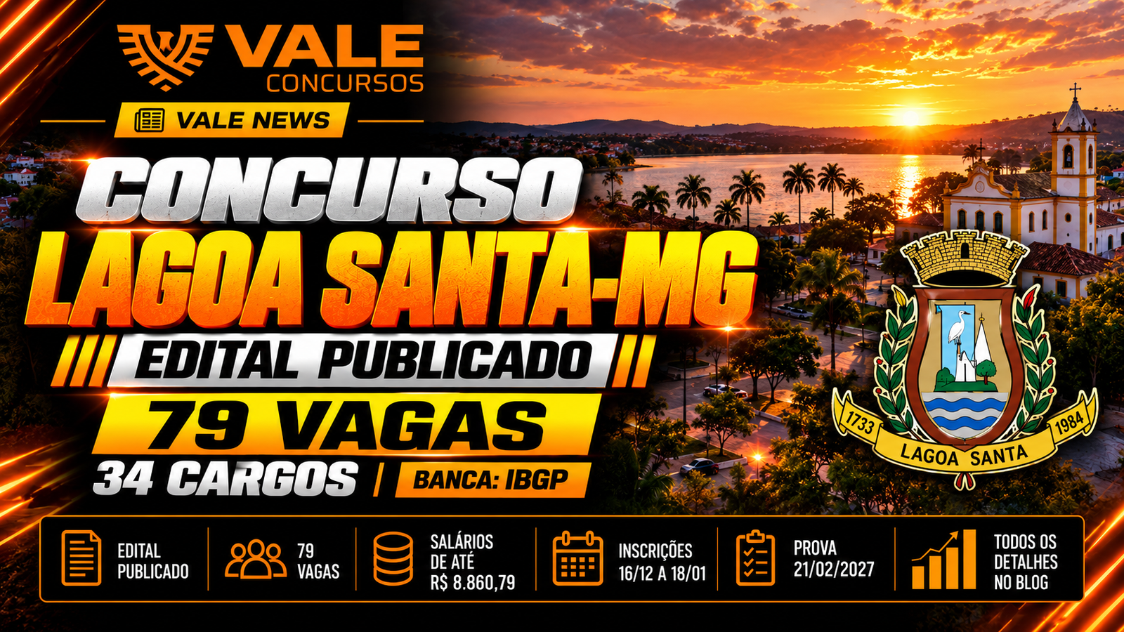 Concurso Lagoa Santa MG 2026: edital tem 79 vagas e salários de até R$ 8,8 mil