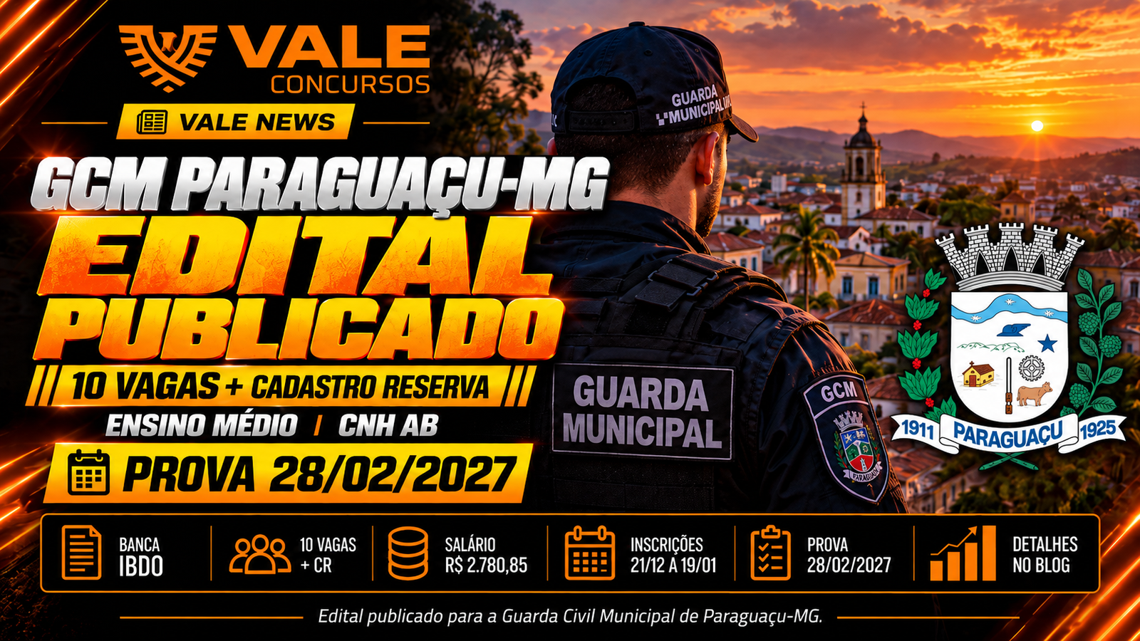 Concurso GCM Paraguaçu MG 2026: edital publicado com 10 vagas + CR