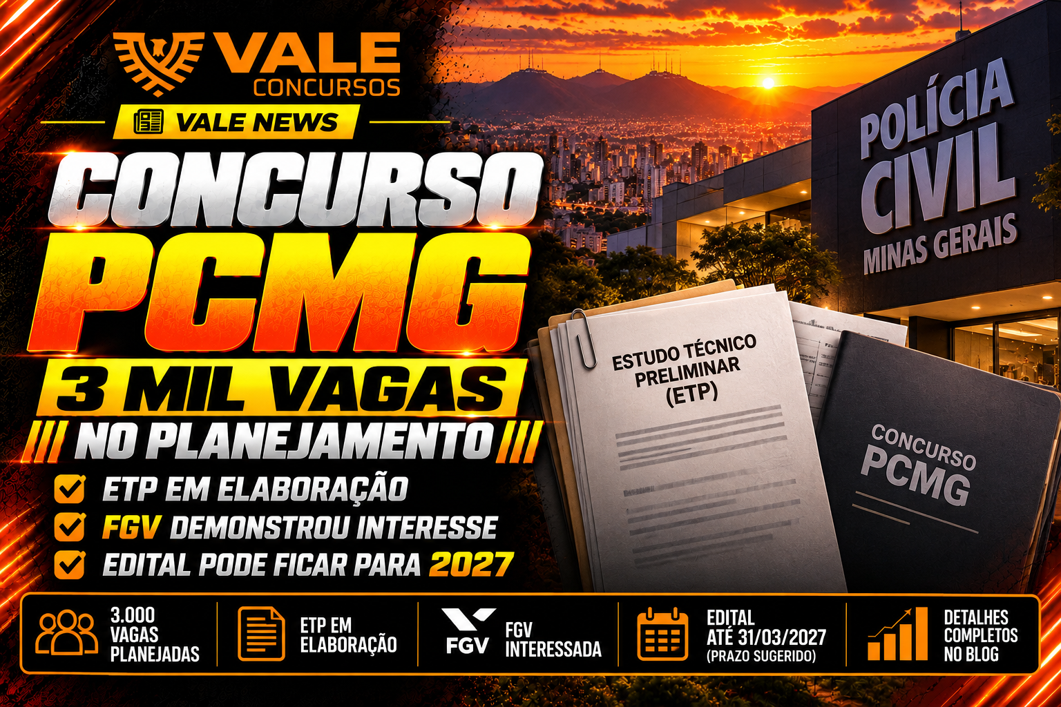 Concurso PCMG: 3 mil vagas planejadas e edital pode sair até março de 2027