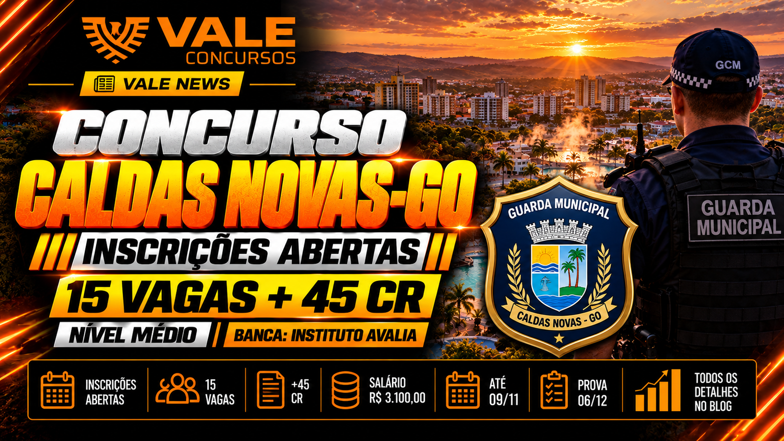 GCM Caldas Novas GO: inscrições abertas para 15 vagas + 45 CR; salário de R$ 3,1 mil